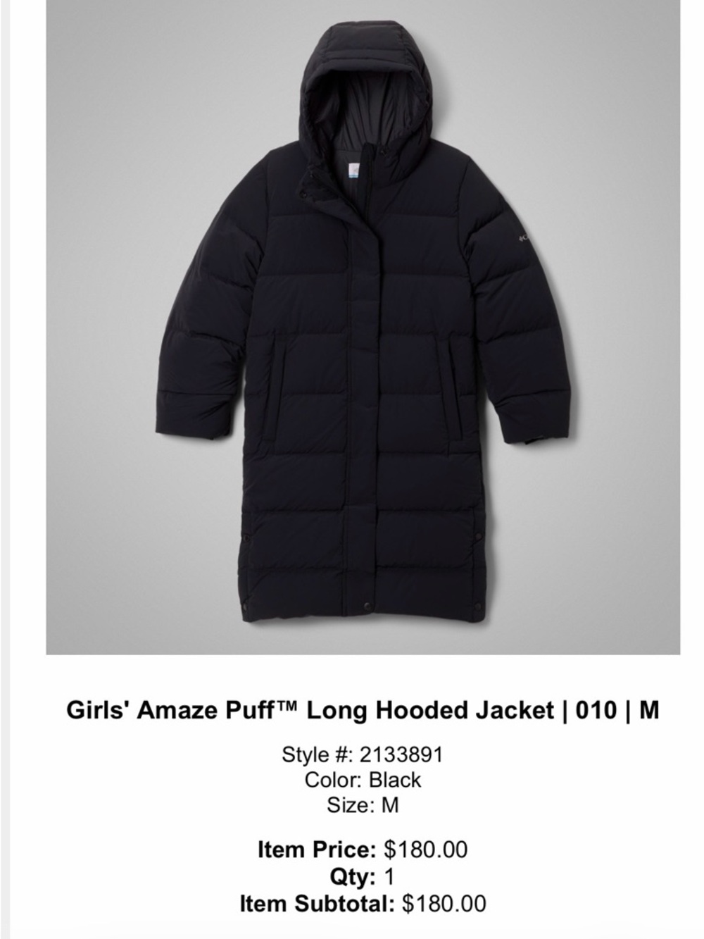 Columbia Girls' Black Amaze Puff Long Hooded Jacket
